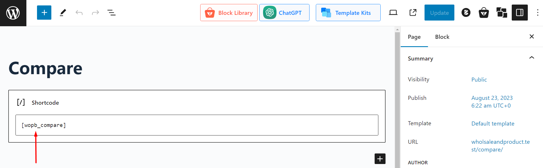 Paste the WooCommerce Products Compare Shortcode