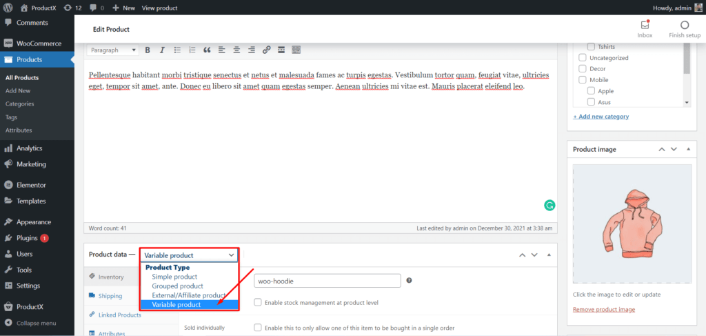 Create a variable product