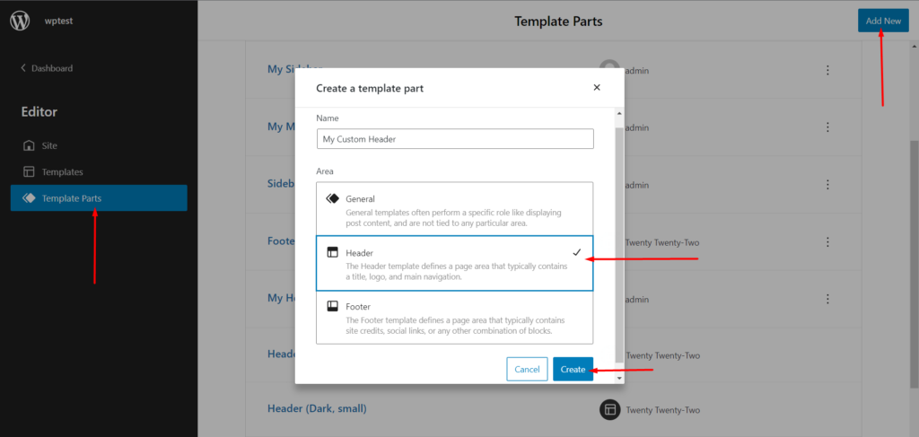 Creating a new template part in the twenty twenty-two WordPress theme