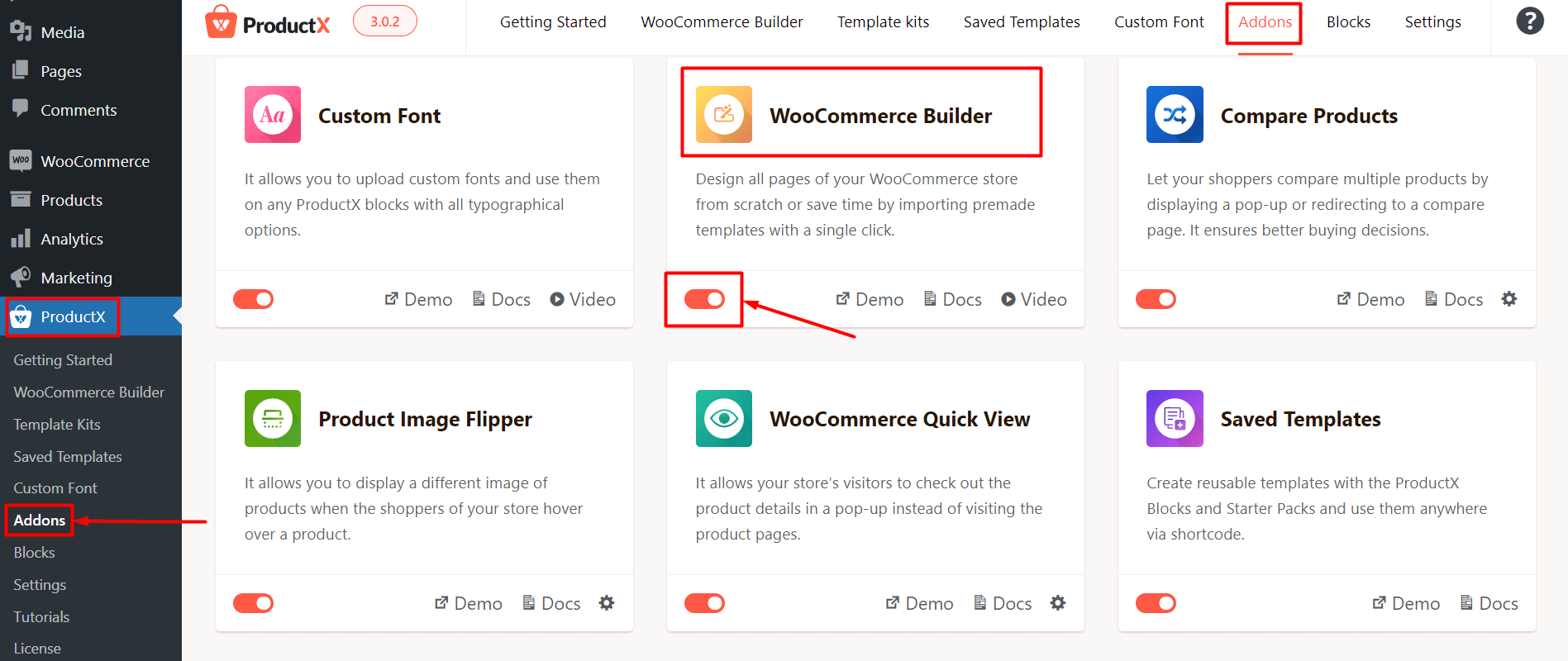 Enabling WooCommerce Builder Addon