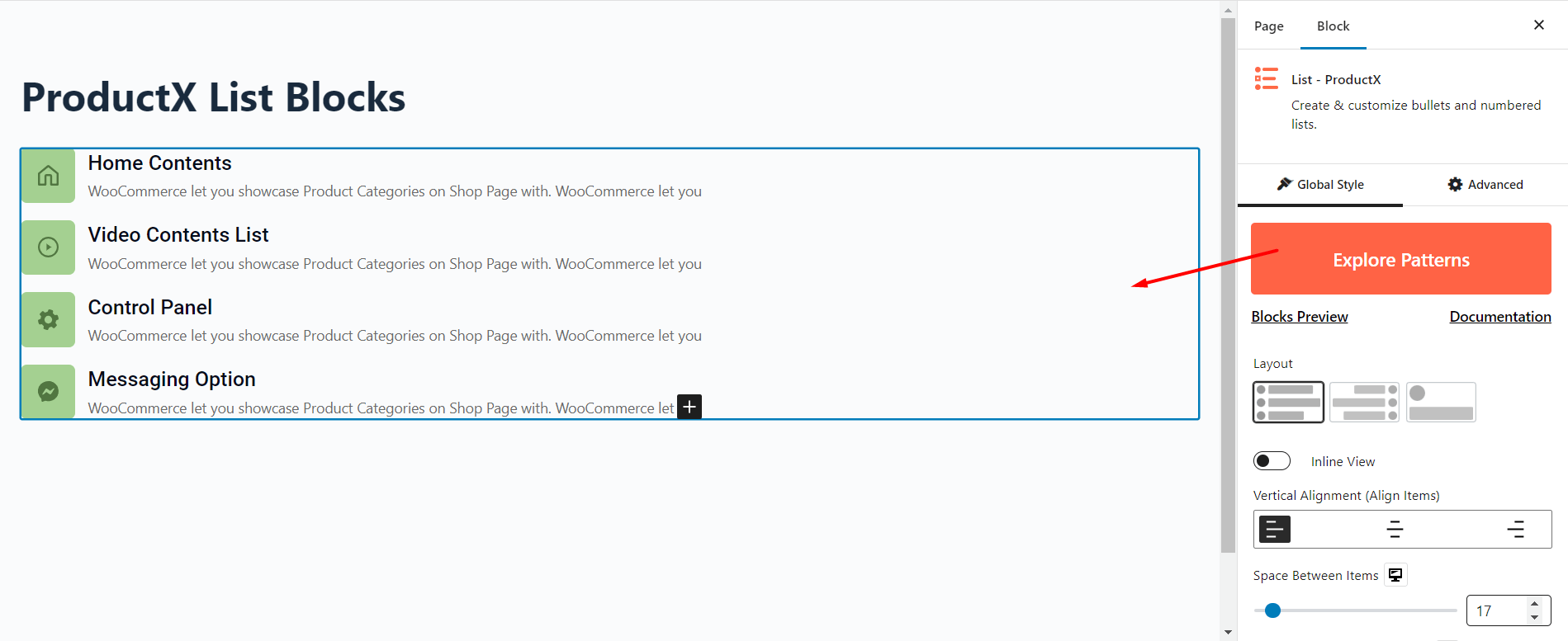 Explore list block patterns