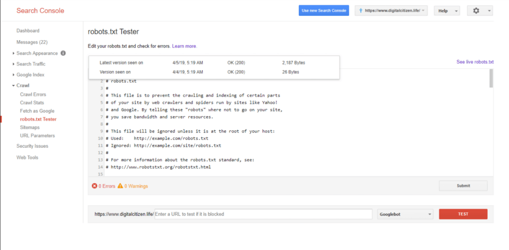 Google Search Console Robots txt tester