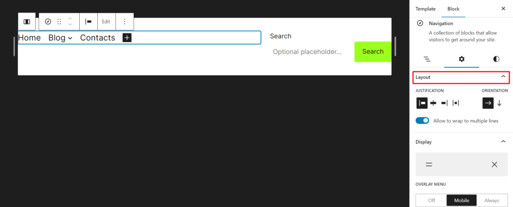 Layout settings for the navigation block