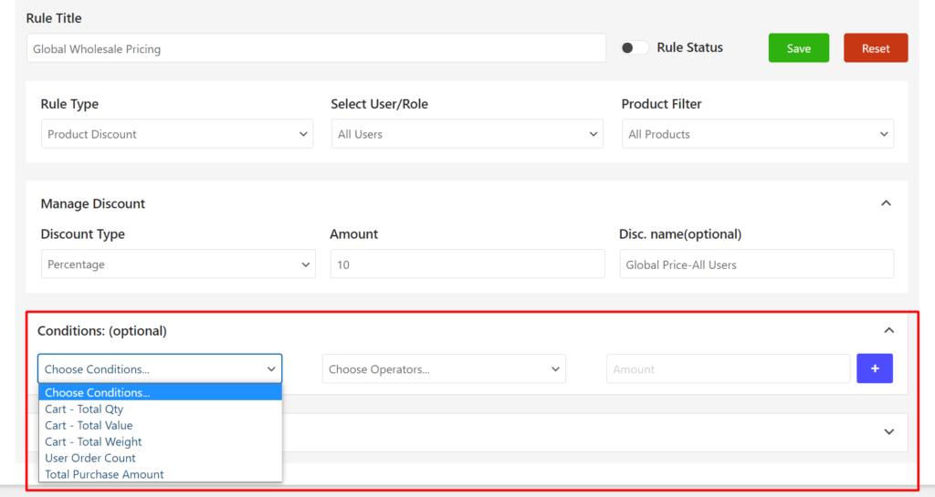 Optional Conditions for Global Pricing