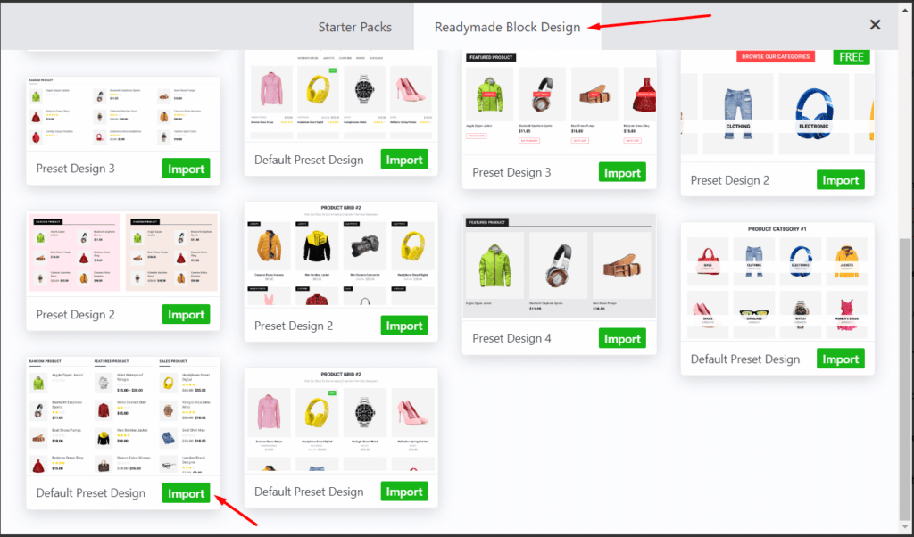 Importing Readymade design blocks from the block library 