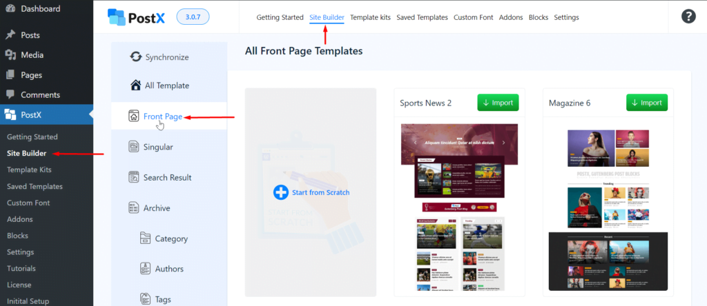 Add a front page template for your gaming blog using PostX site builder. 