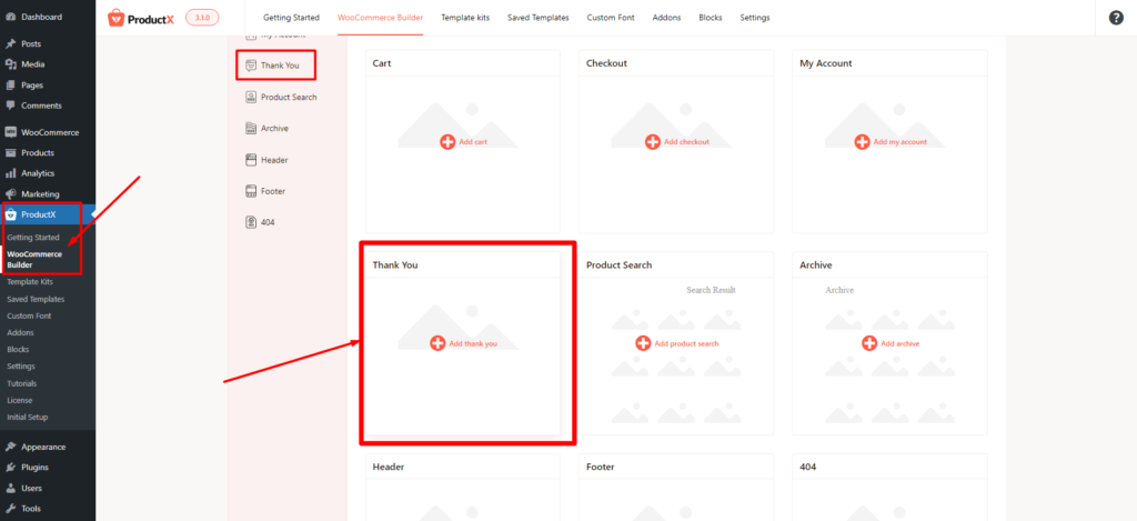 Selecting Thank You in WooCommerce Builder