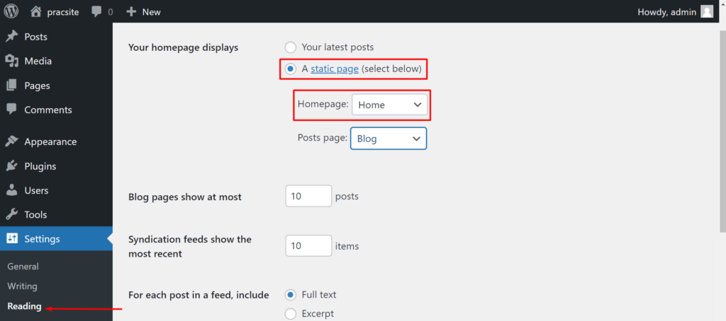 Choosing Homepage as a Static Page 