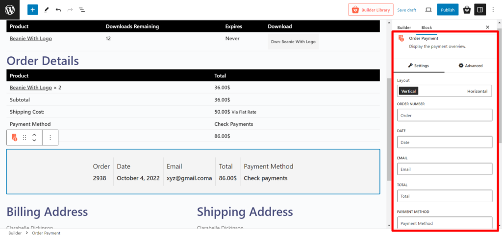 Settings for Order Payment Block