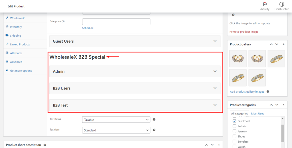 WholesaleX B2B Special Section in Product Editing Page
