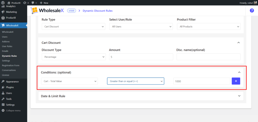 WholesaleX Cart Discount Optional Conditions