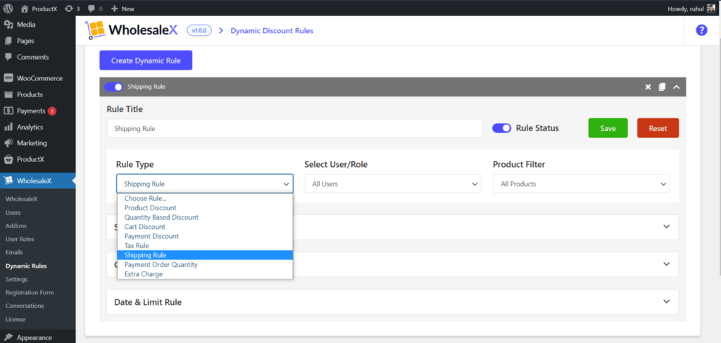 WholesaleX Selecting Shipping Rule