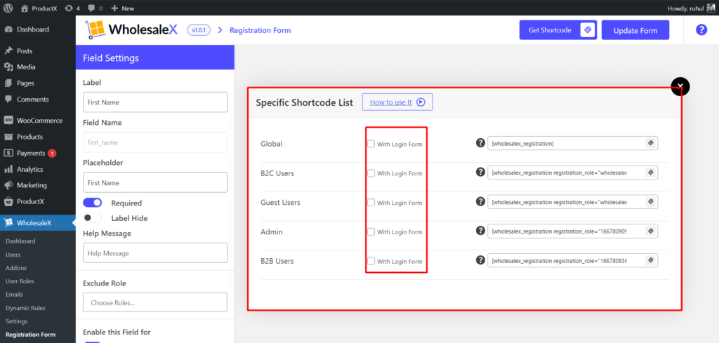 WholesaleX Shortcode List