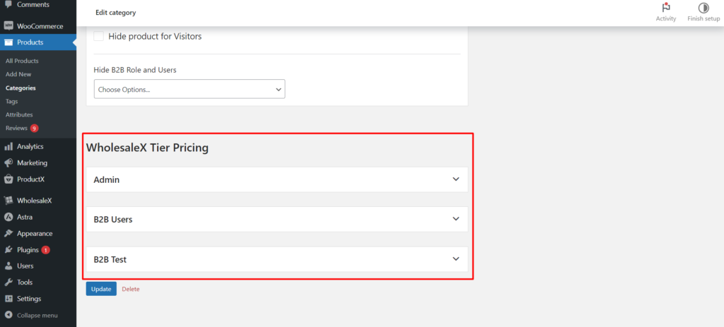 WholesaleX Tier Pricing Settings from Category Page