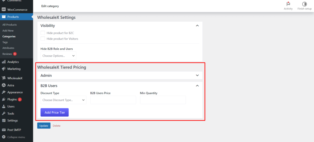 WholesaleX Tiered Pricing Section in Category Editor