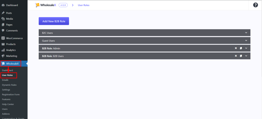 WholesaleX User Roles Section