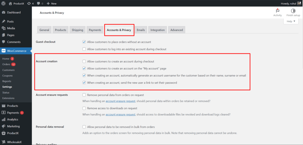 WooCommerce Account & Privacy Settings