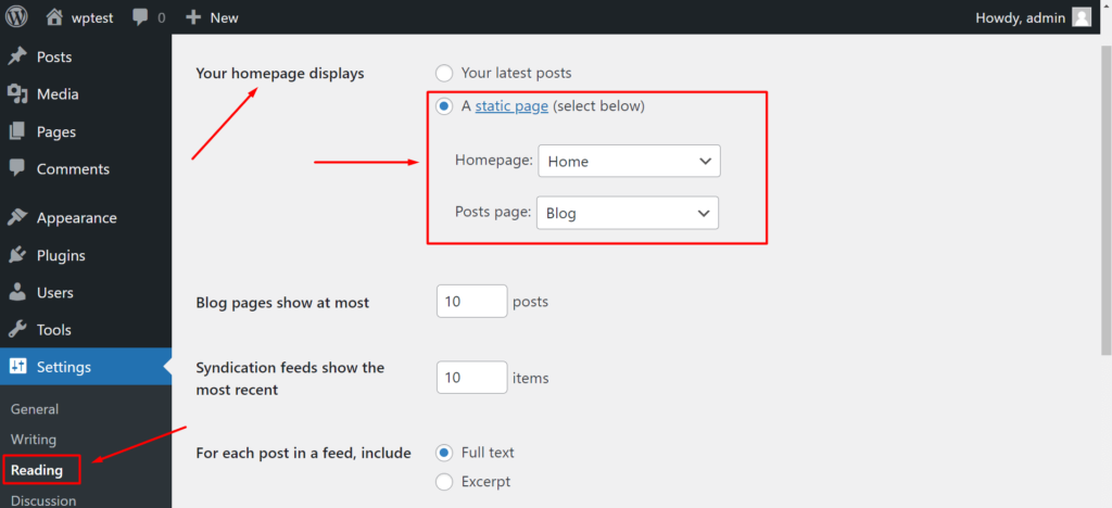 WordPress Reading Settings